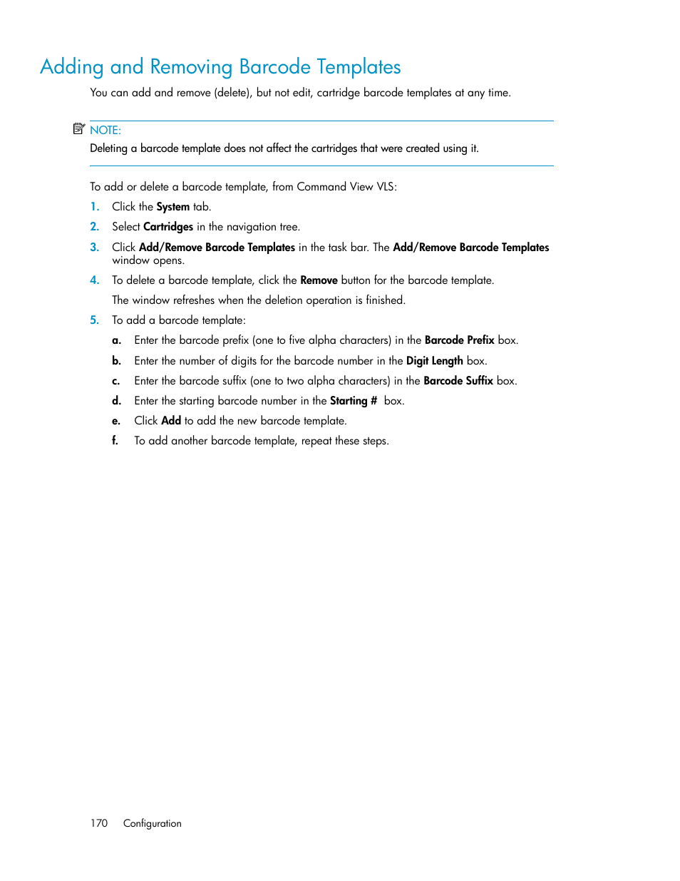 Adding and removing barcode templates | HP StorageWorks 6000 Virtual Library System User Manual | Page 170 / 358