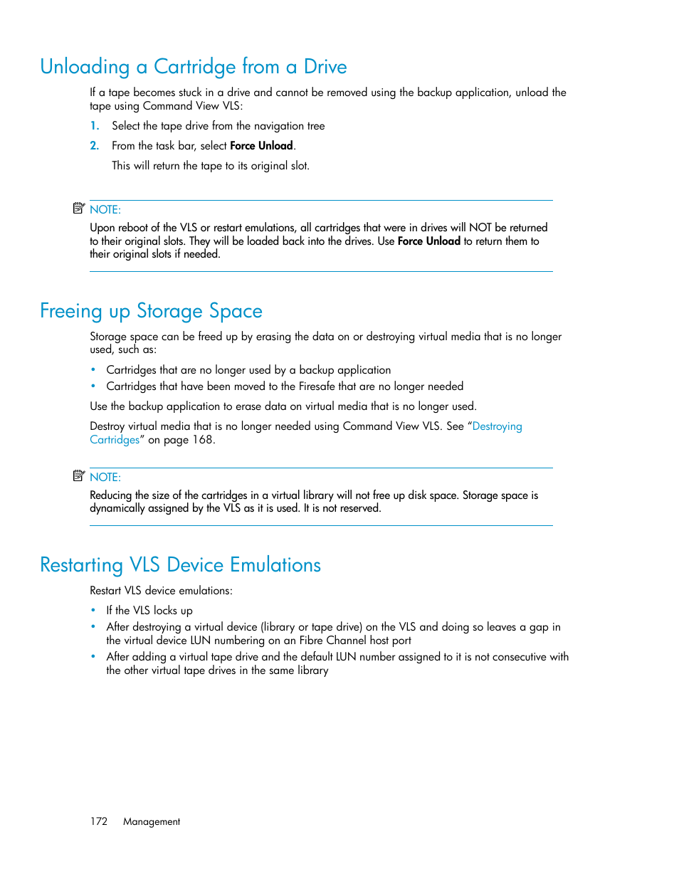 Unloading a cartridge from a drive, Freeing up storage space, Restarting vls device emulations | 172 freeing up storage space, 172 restarting vls device emulations, Restarting vls device, Emulations | HP StorageWorks 6000 Virtual Library System User Manual | Page 172 / 358