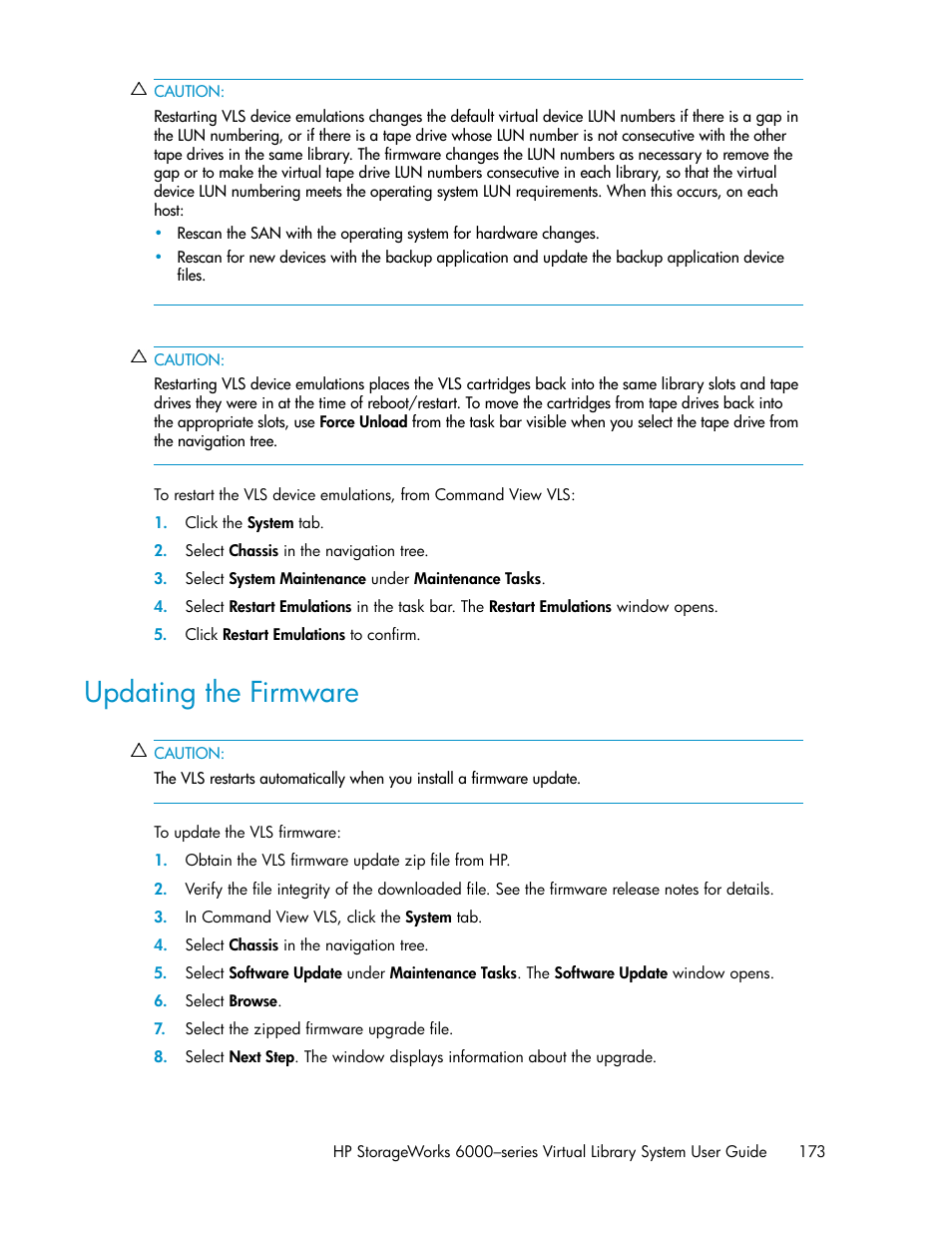 Updating the firmware | HP StorageWorks 6000 Virtual Library System User Manual | Page 173 / 358