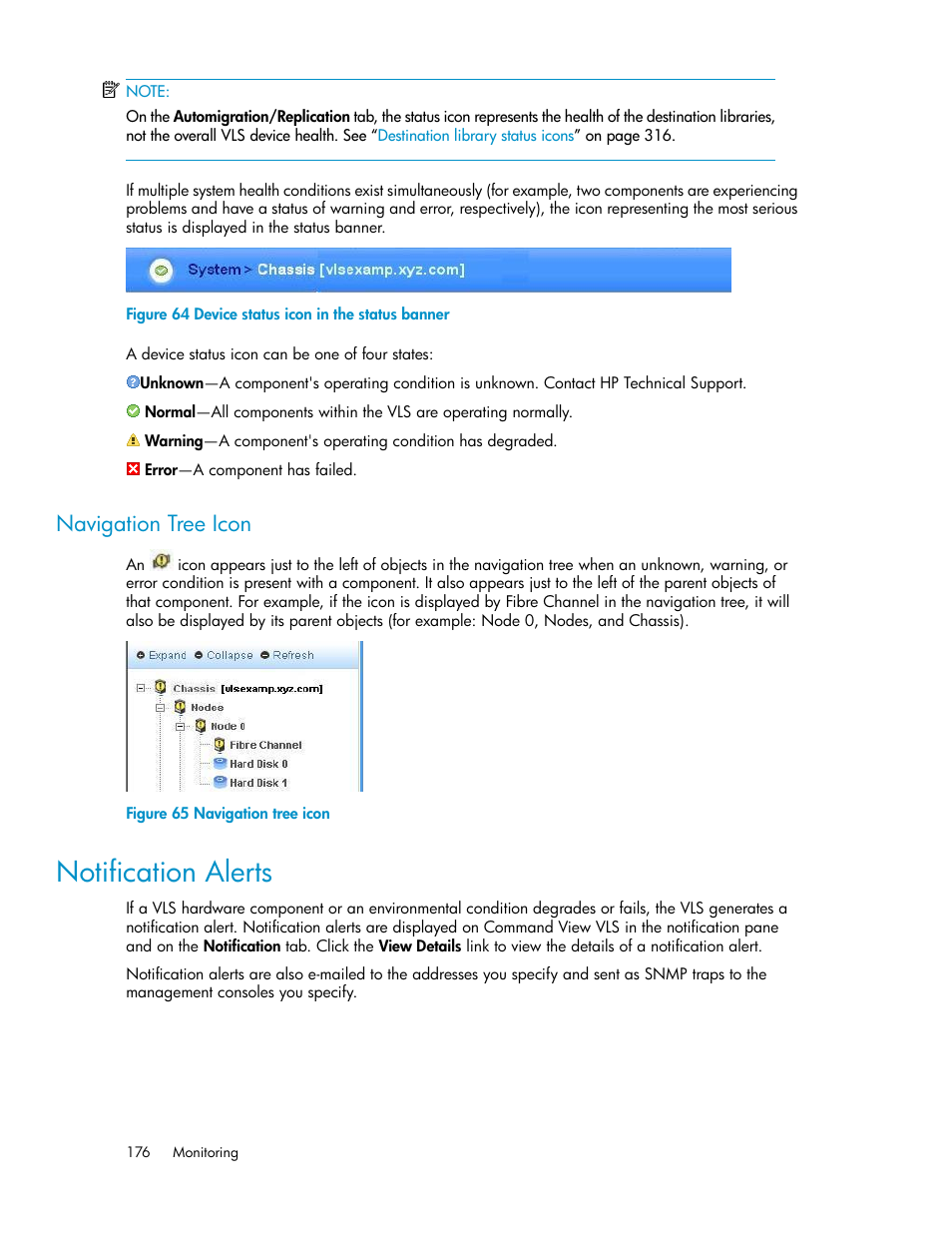 Navigation tree icon, Notification alerts, Device status icon in the status banner | HP StorageWorks 6000 Virtual Library System User Manual | Page 176 / 358