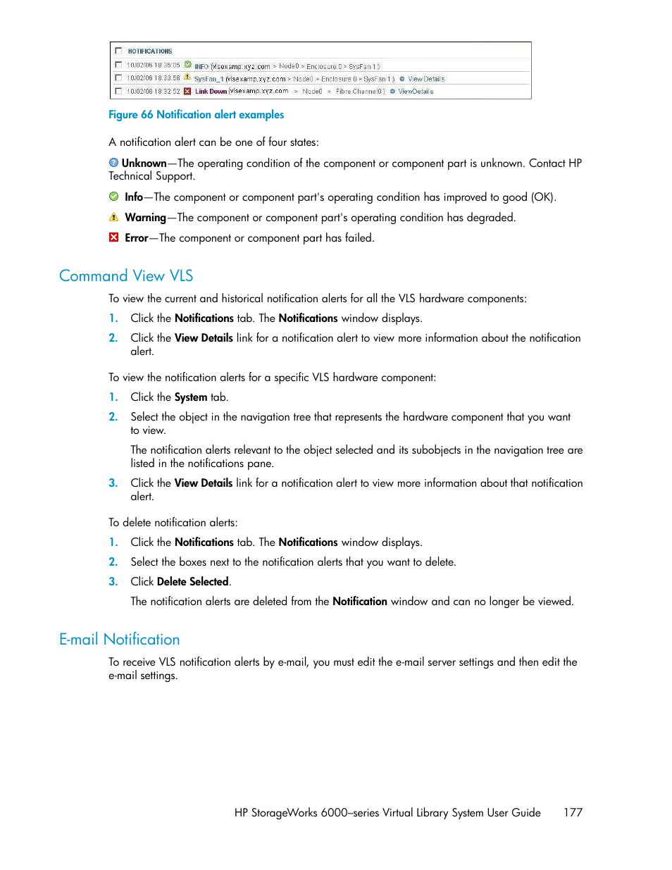 Command view vls, E-mail notification, 177 e-mail notification | Notification alert examples | HP StorageWorks 6000 Virtual Library System User Manual | Page 177 / 358