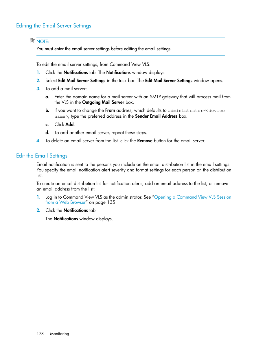 Editing the email server settings, Edit the email settings, 178 edit the email settings | HP StorageWorks 6000 Virtual Library System User Manual | Page 178 / 358
