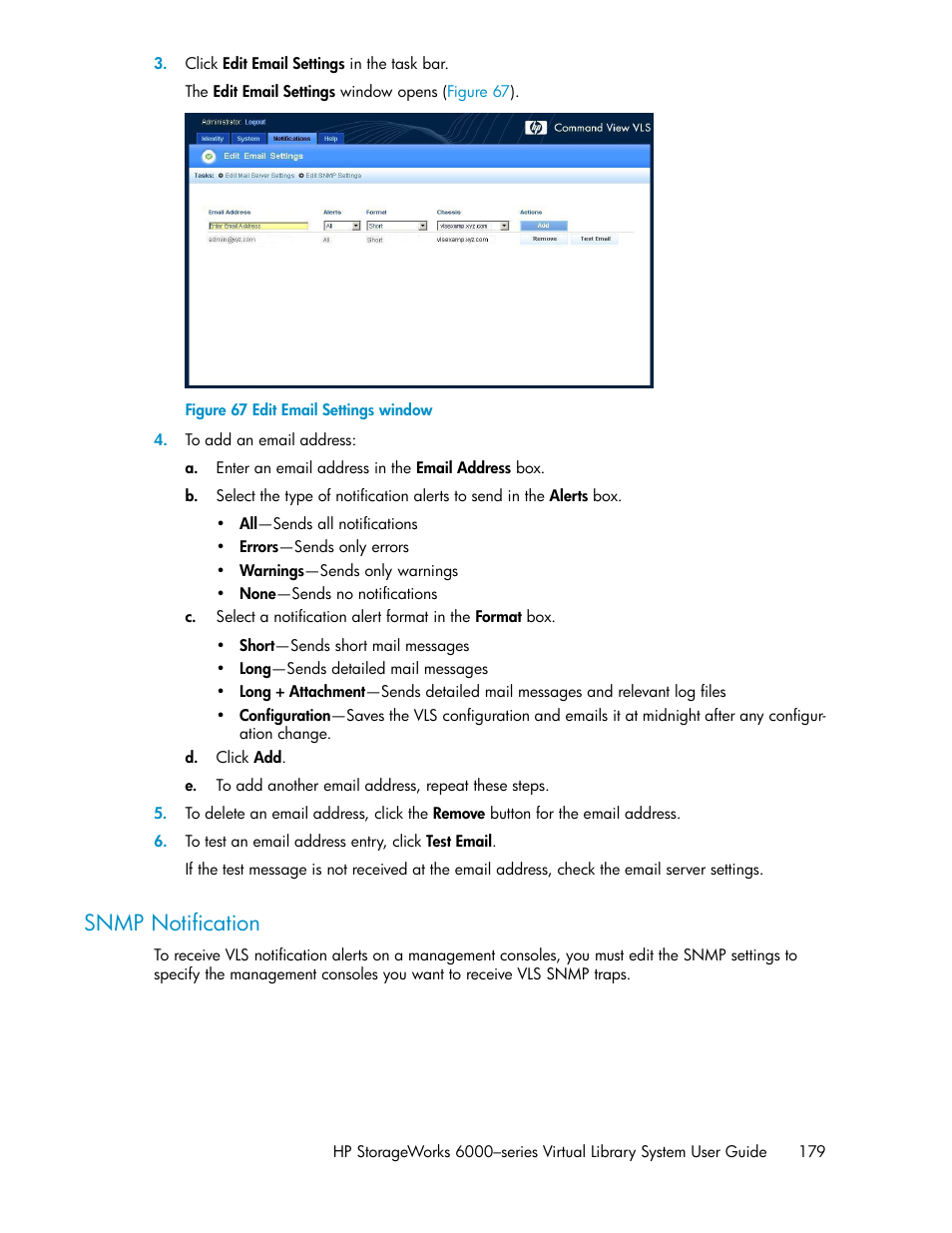 Snmp notification, Edit email settings window | HP StorageWorks 6000 Virtual Library System User Manual | Page 179 / 358