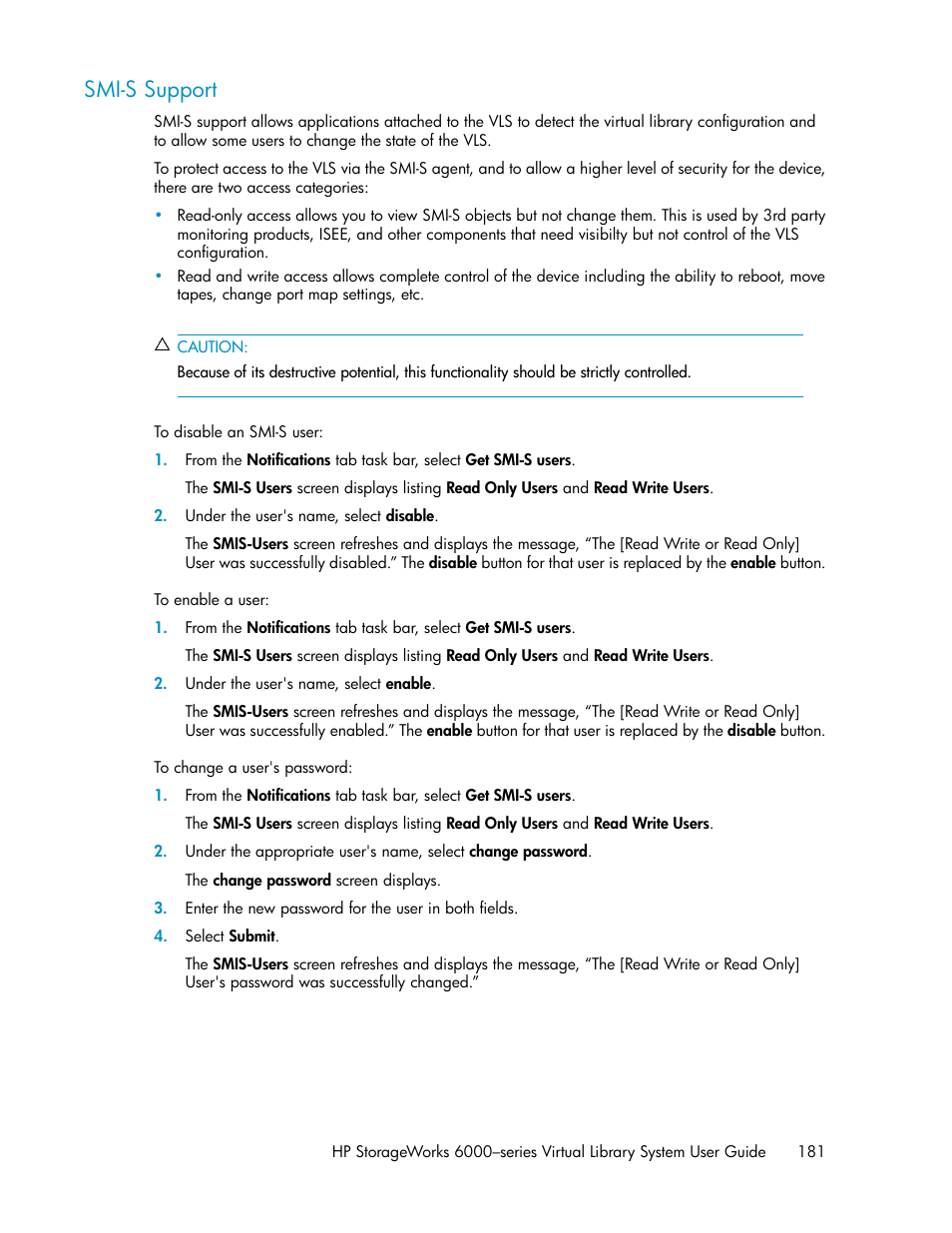 Smi-s support, Smi-s, Support | HP StorageWorks 6000 Virtual Library System User Manual | Page 181 / 358