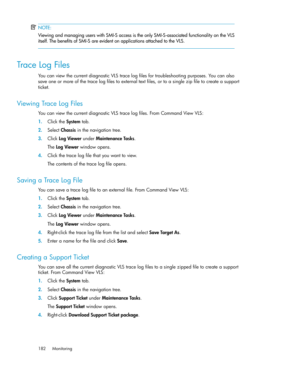 Trace log files, Viewing trace log files, Saving a trace log file | Creating a support ticket, 182 saving a trace log file, 182 creating a support ticket | HP StorageWorks 6000 Virtual Library System User Manual | Page 182 / 358