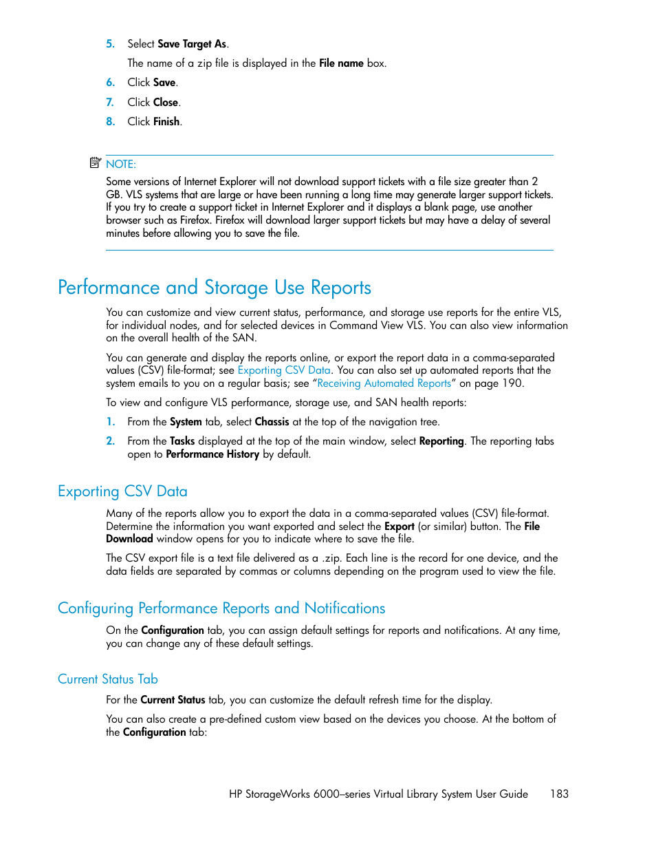 Performance and storage use reports, Exporting csv data, Configuring performance reports and notifications | Current status tab | HP StorageWorks 6000 Virtual Library System User Manual | Page 183 / 358