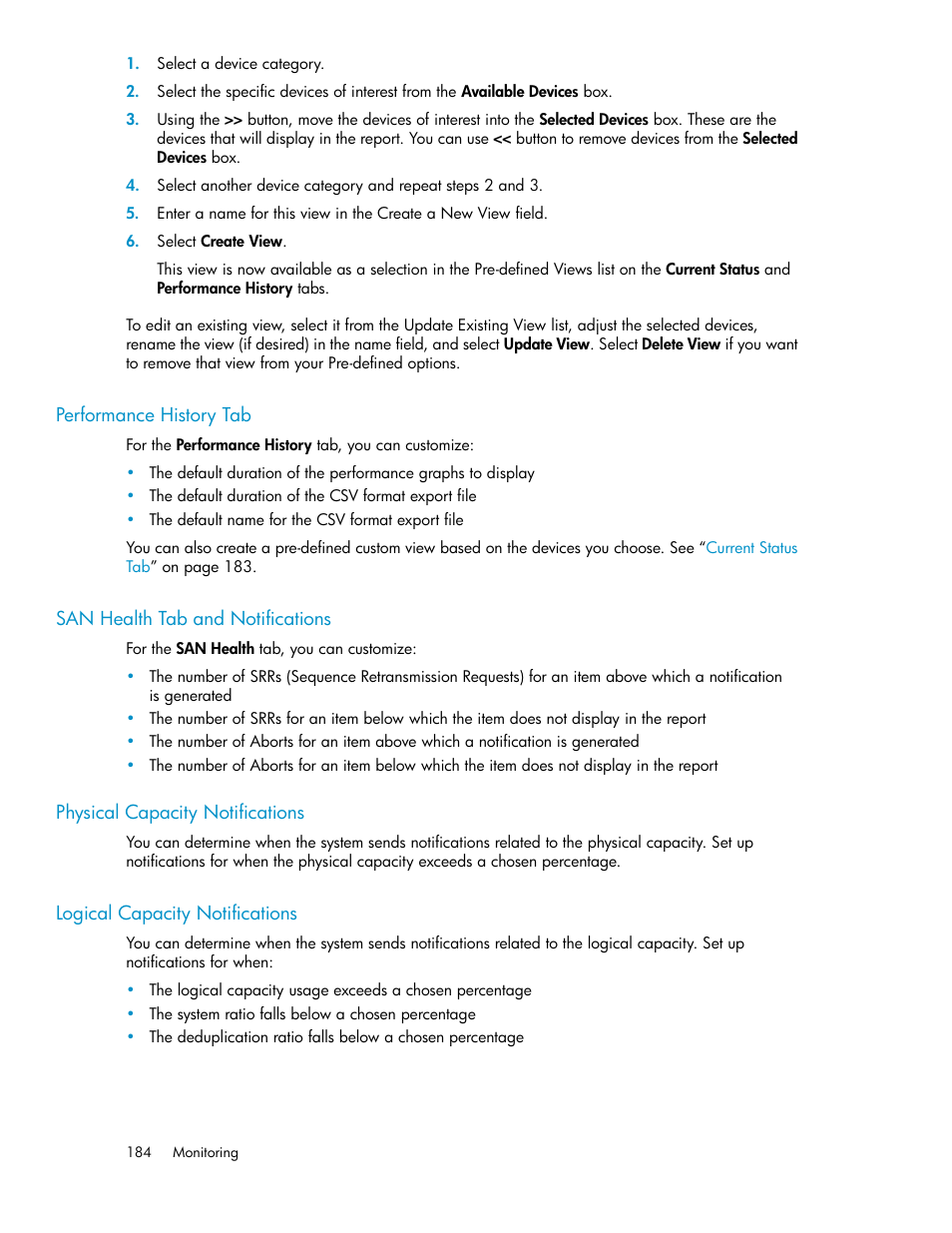 Performance history tab, San health tab and notifications, Physical capacity notifications | Logical capacity notifications, 184 san health tab and notifications, 184 physical capacity notifications, 184 logical capacity notifications | HP StorageWorks 6000 Virtual Library System User Manual | Page 184 / 358