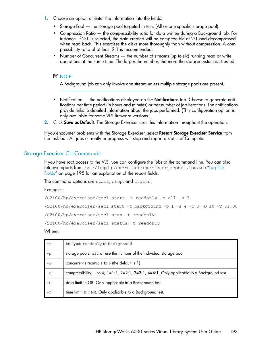 Storage exerciser cli commands | HP StorageWorks 6000 Virtual Library System User Manual | Page 193 / 358