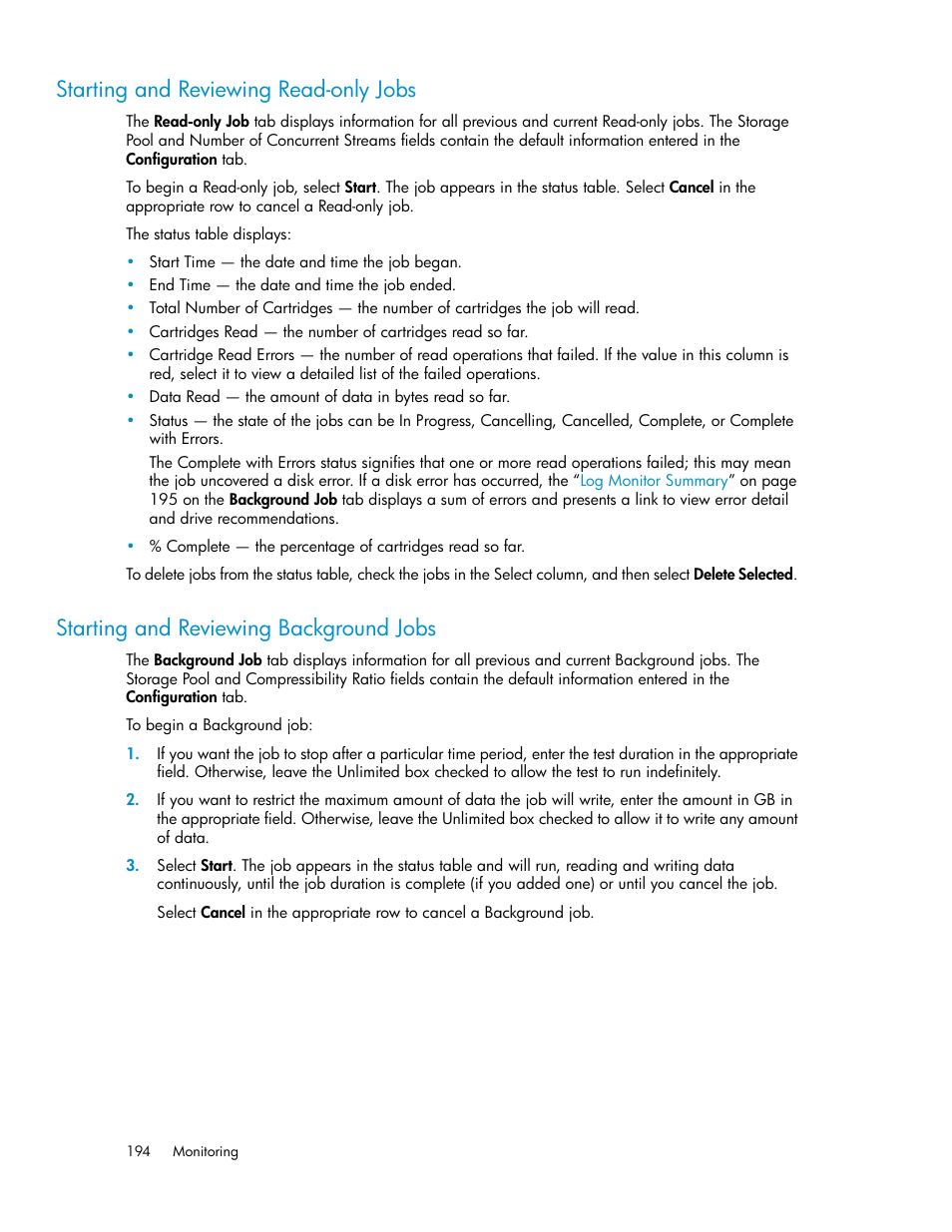 Starting and reviewing read-only jobs, Starting and reviewing background jobs, 194 starting and reviewing background jobs | HP StorageWorks 6000 Virtual Library System User Manual | Page 194 / 358