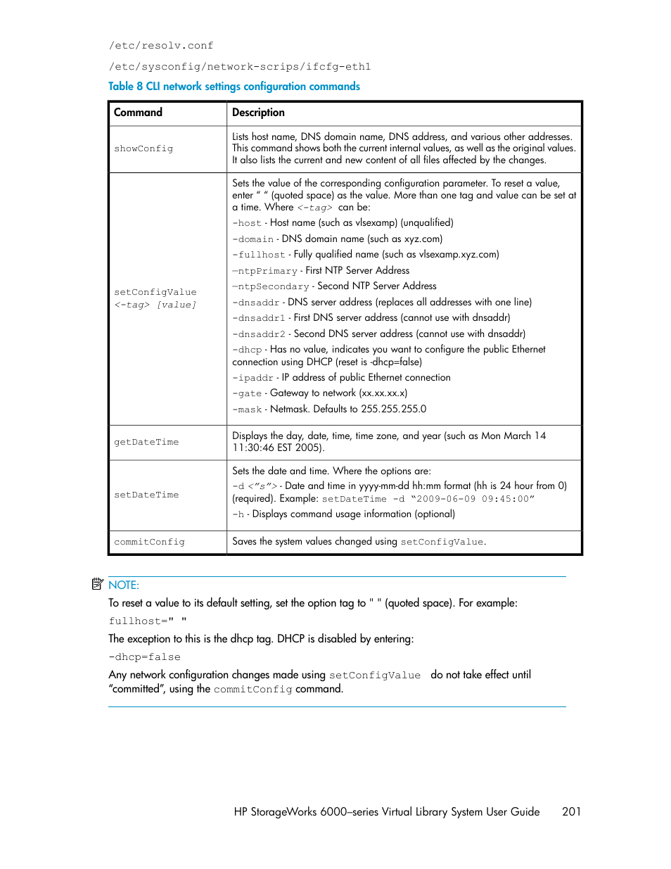 Cli network settings configuration commands | HP StorageWorks 6000 Virtual Library System User Manual | Page 201 / 358