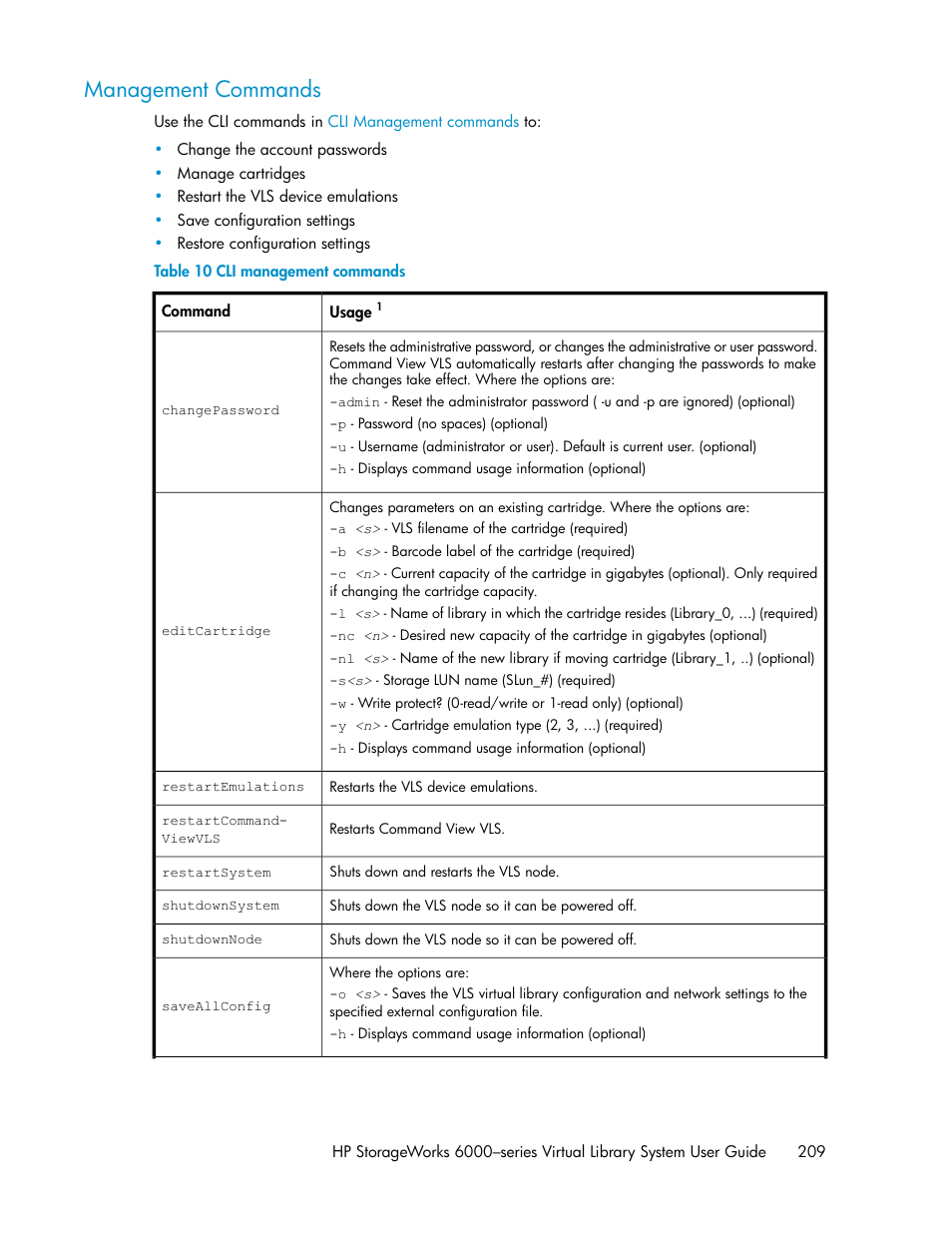 Management commands, Cli management commands | HP StorageWorks 6000 Virtual Library System User Manual | Page 209 / 358