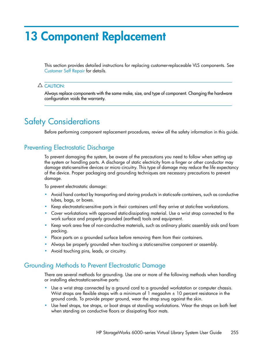 13 component replacement, Safety considerations, Preventing electrostatic discharge | Grounding methods to prevent electrostatic damage | HP StorageWorks 6000 Virtual Library System User Manual | Page 255 / 358