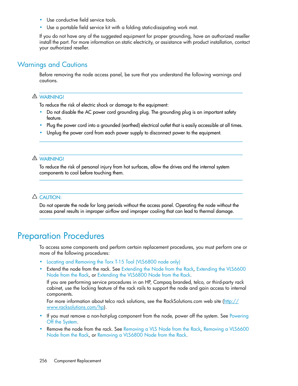 Warnings and cautions, Preparation procedures | HP StorageWorks 6000 Virtual Library System User Manual | Page 256 / 358