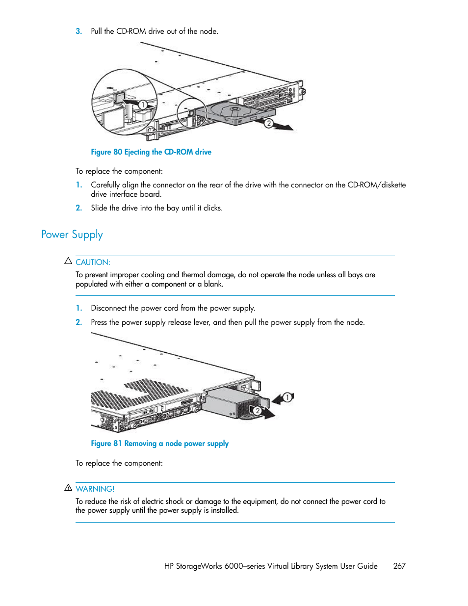 Power supply, Ejecting the cd-rom drive, Removing a node power supply | HP StorageWorks 6000 Virtual Library System User Manual | Page 267 / 358