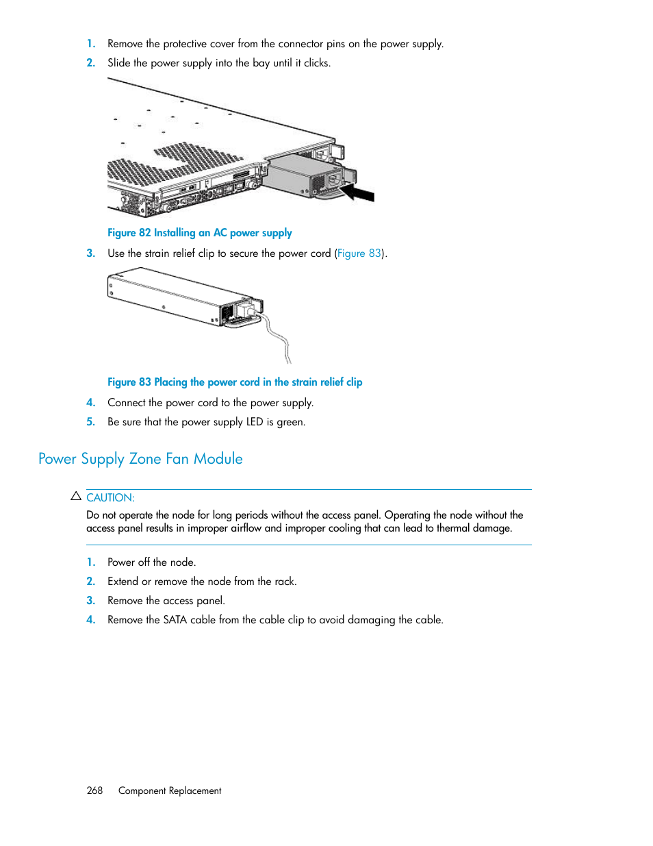 Power supply zone fan module, Installing an ac power supply, Placing the power cord in the strain relief clip | HP StorageWorks 6000 Virtual Library System User Manual | Page 268 / 358