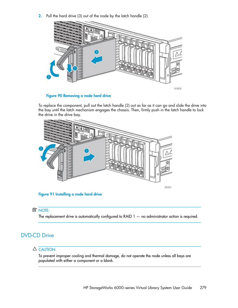 Dvd-cd drive, Removing a node hard drive, Installing a node hard drive | HP StorageWorks 6000 Virtual Library System User Manual | Page 279 / 358