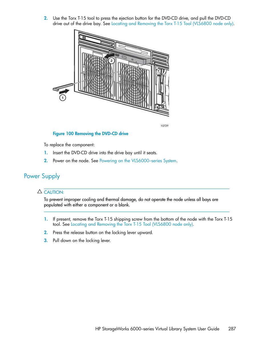 Power supply, Removing the dvd-cd drive | HP StorageWorks 6000 Virtual Library System User Manual | Page 287 / 358