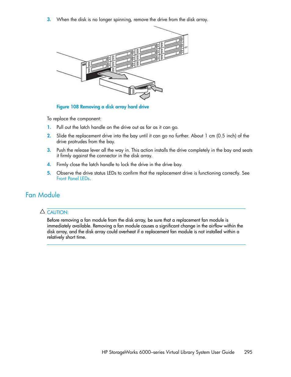 Fan module, Removing a disk array hard drive | HP StorageWorks 6000 Virtual Library System User Manual | Page 295 / 358