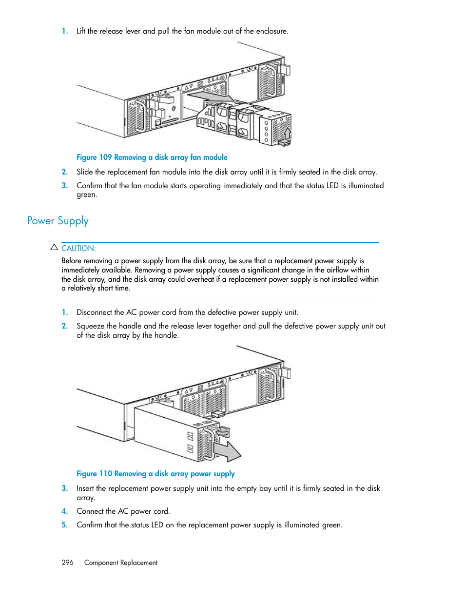 Power supply, Removing a disk array fan module, Removing a disk array power supply | HP StorageWorks 6000 Virtual Library System User Manual | Page 296 / 358
