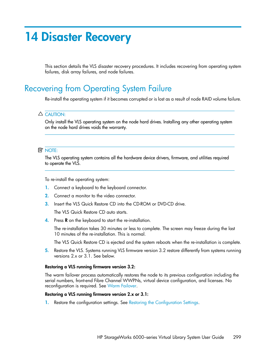 14 disaster recovery, Recovering from operating system failure | HP StorageWorks 6000 Virtual Library System User Manual | Page 299 / 358