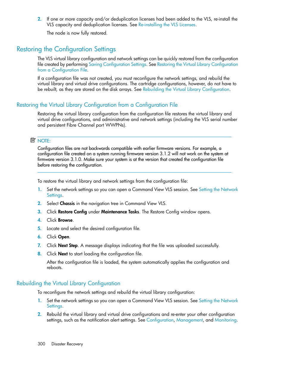 Restoring the configuration settings, Rebuilding the virtual library configuration, 300 rebuilding the virtual library configuration | HP StorageWorks 6000 Virtual Library System User Manual | Page 300 / 358