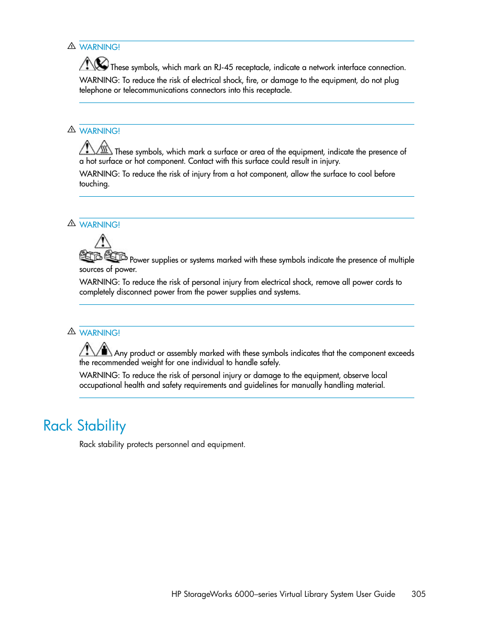 Rack stability | HP StorageWorks 6000 Virtual Library System User Manual | Page 305 / 358