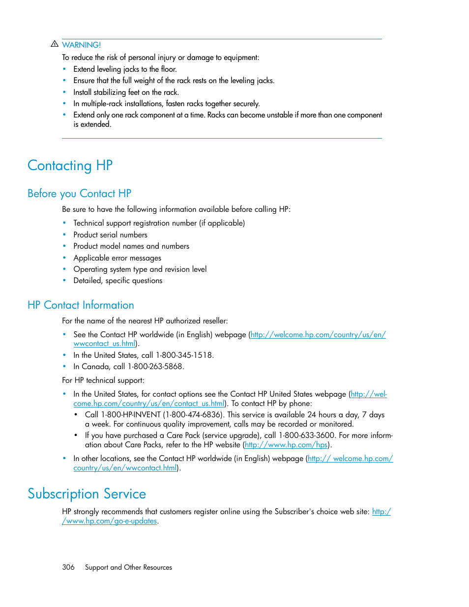 Contacting hp, Before you contact hp, Hp contact information | Subscription service, 306 hp contact information | HP StorageWorks 6000 Virtual Library System User Manual | Page 306 / 358