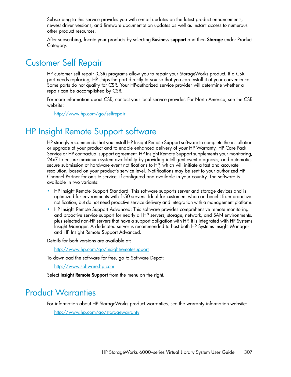Customer self repair, Hp insight remote support software, Product warranties | 307 hp insight remote support software, 307 product warranties | HP StorageWorks 6000 Virtual Library System User Manual | Page 307 / 358