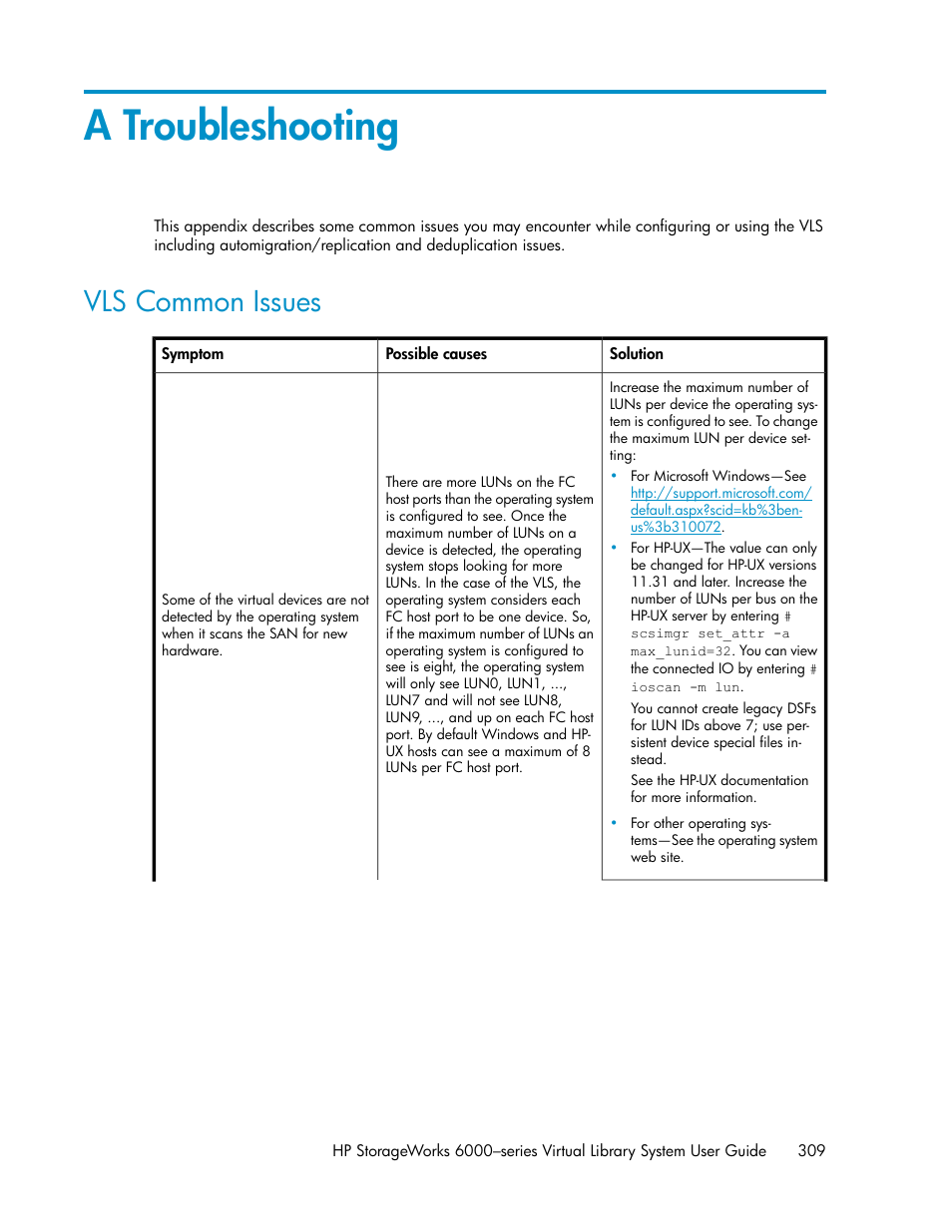 A troubleshooting, Vls common issues, Troubleshoot | HP StorageWorks 6000 Virtual Library System User Manual | Page 309 / 358