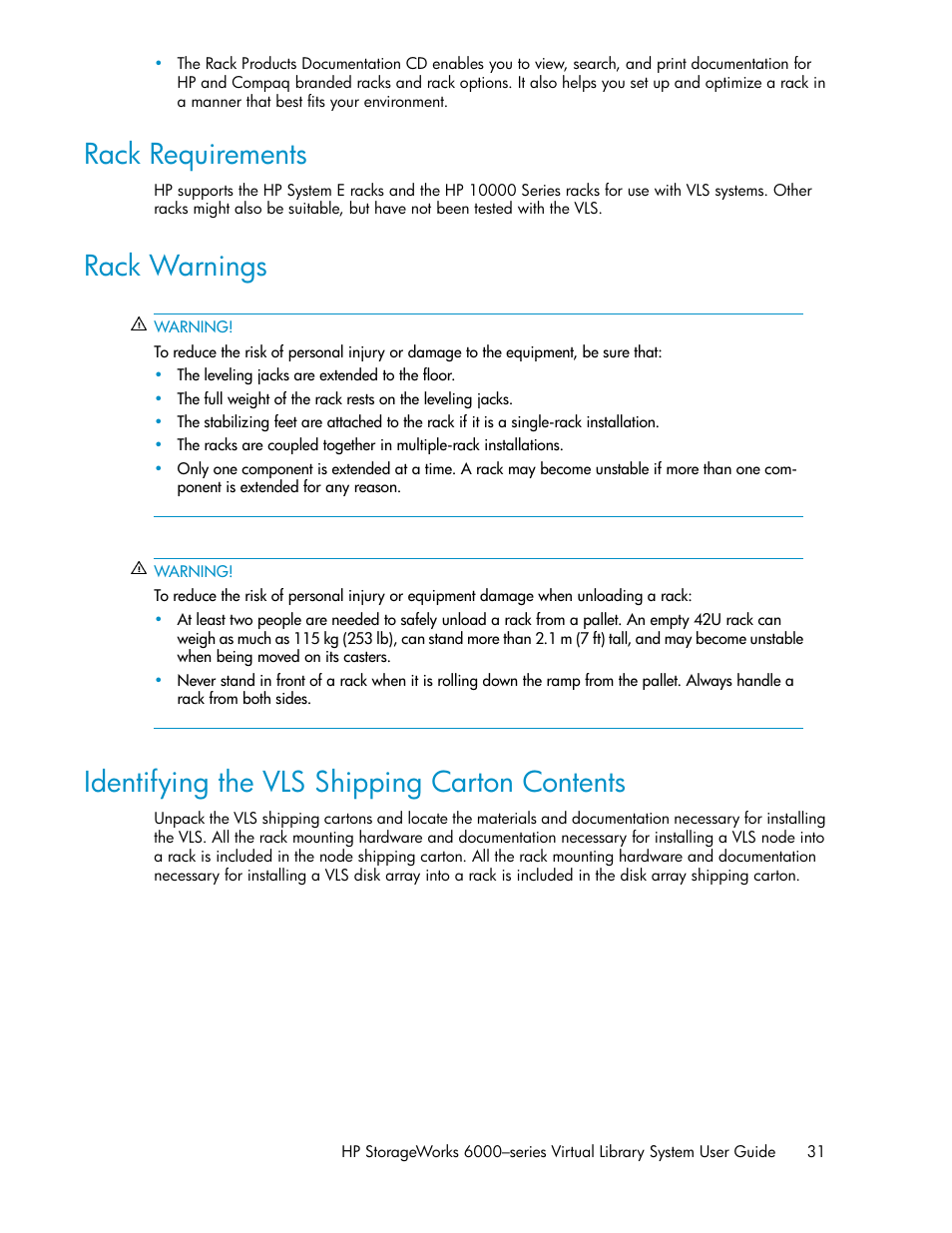 Rack requirements, Rack warnings, Identifying the vls shipping carton contents | 31 rack warnings, 31 identifying the vls shipping carton contents | HP StorageWorks 6000 Virtual Library System User Manual | Page 31 / 358