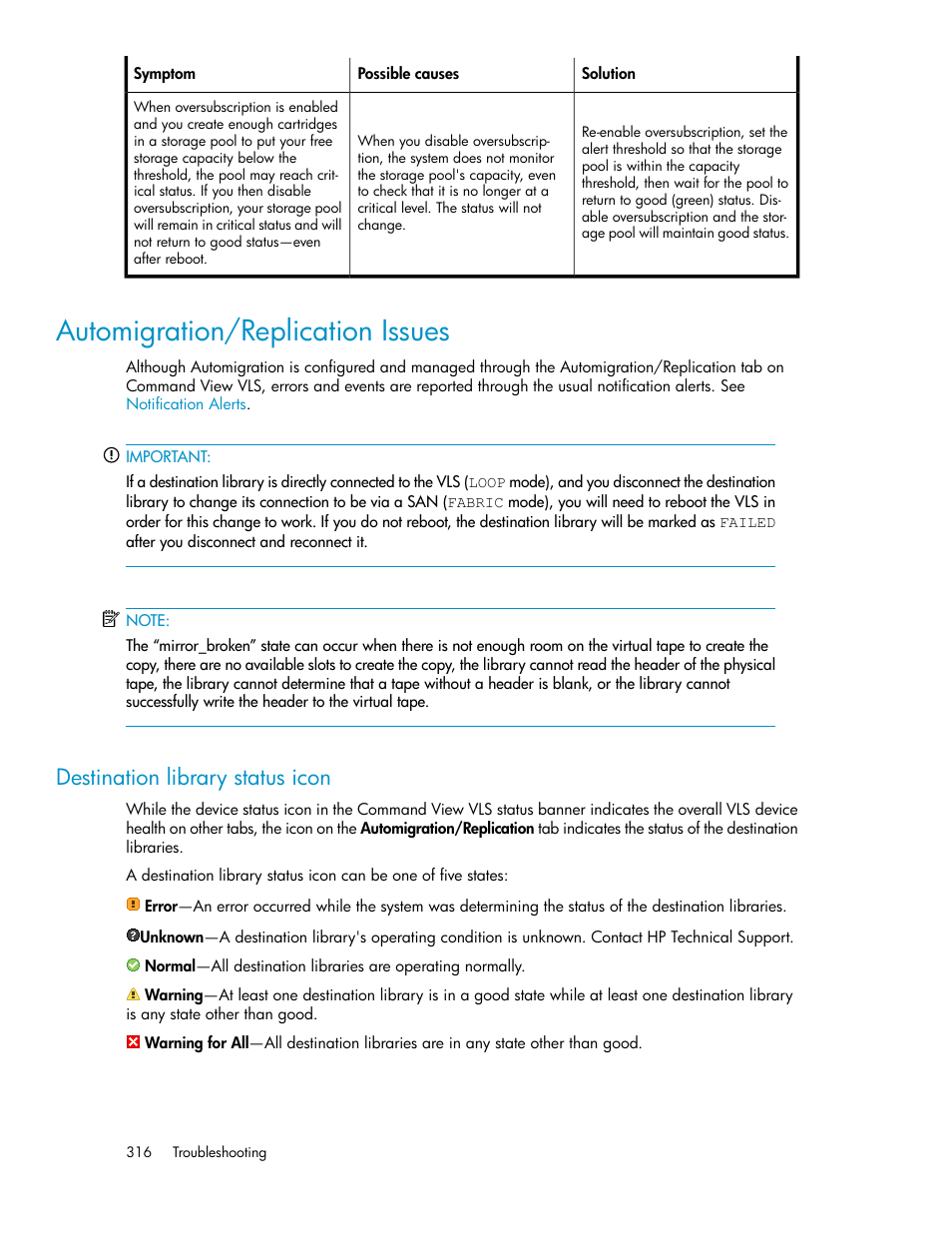 Automigration/replication issues, Destination library status icon | HP StorageWorks 6000 Virtual Library System User Manual | Page 316 / 358