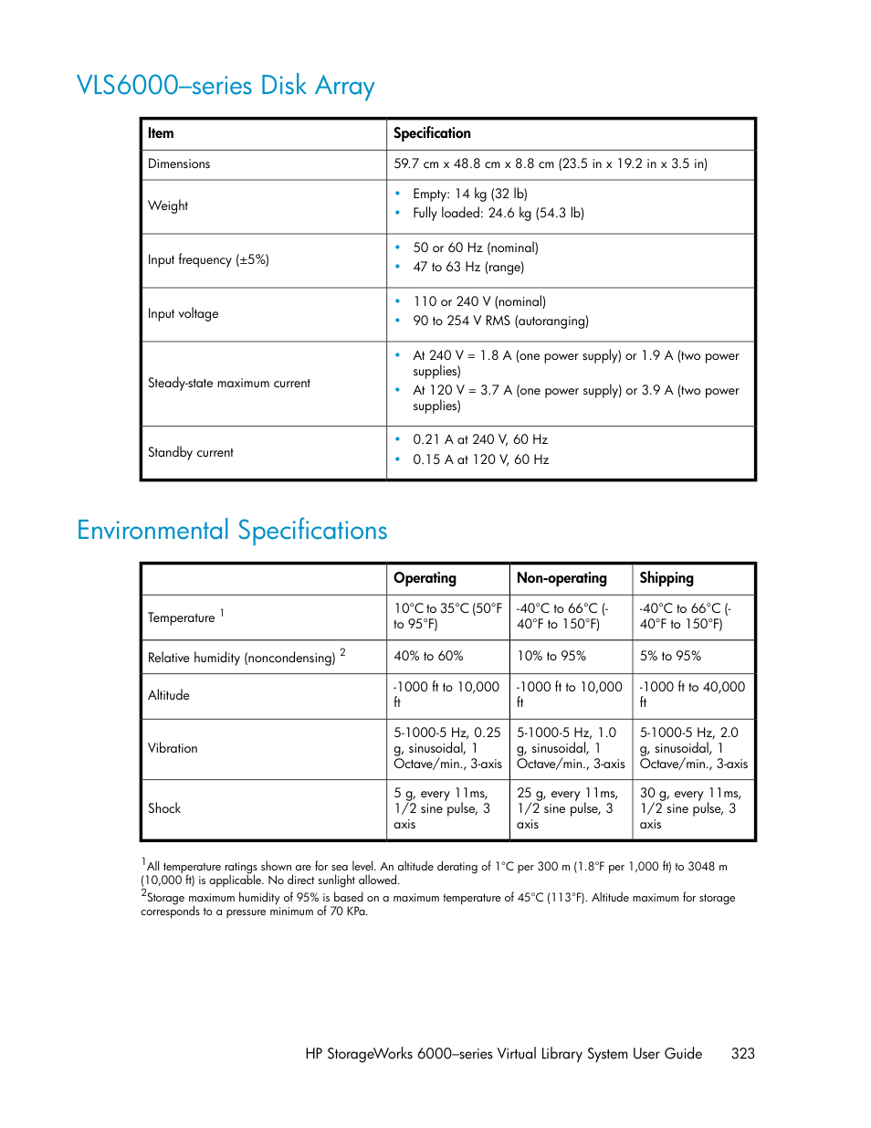 Vls6000–series disk array, Environmental specifications, 323 environmental specifications | HP StorageWorks 6000 Virtual Library System User Manual | Page 323 / 358