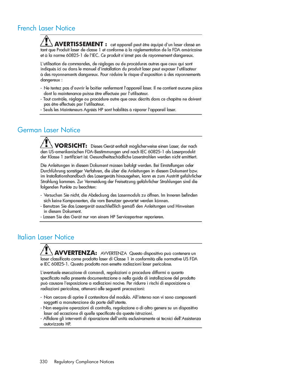 French laser notice, German laser notice, Italian laser notice | 330 german laser notice, 330 italian laser notice | HP StorageWorks 6000 Virtual Library System User Manual | Page 330 / 358