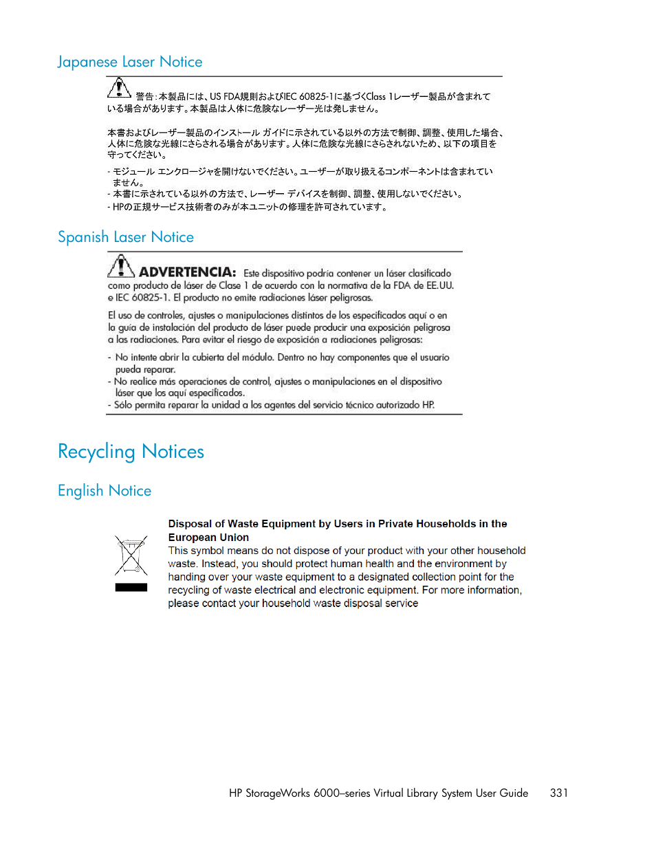 Japanese laser notice, Spanish laser notice, Recycling notices | English notice, 331 spanish laser notice | HP StorageWorks 6000 Virtual Library System User Manual | Page 331 / 358