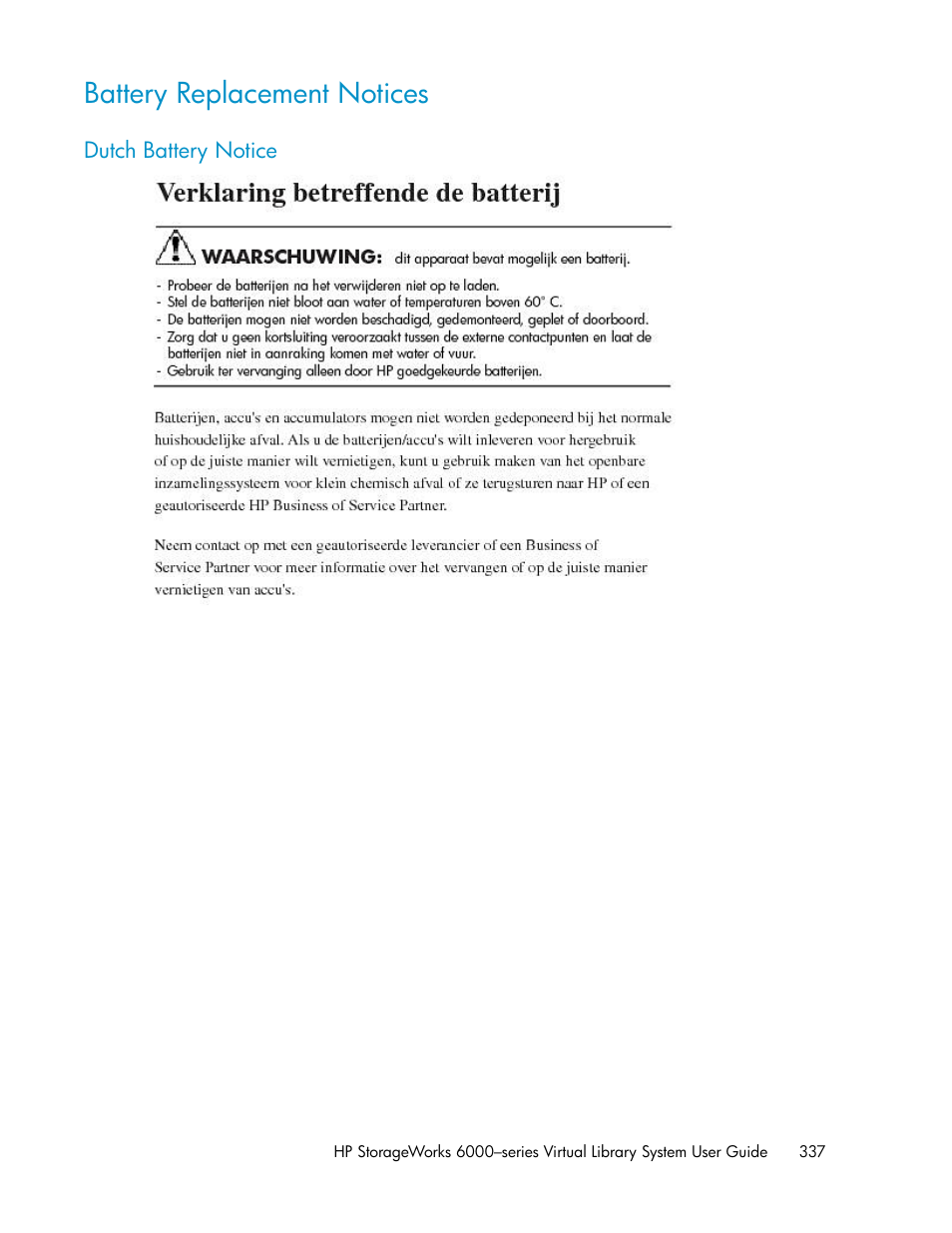 Battery replacement notices, Dutch battery notice | HP StorageWorks 6000 Virtual Library System User Manual | Page 337 / 358