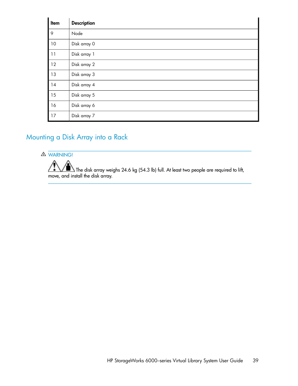 Mounting a disk array into a rack | HP StorageWorks 6000 Virtual Library System User Manual | Page 39 / 358