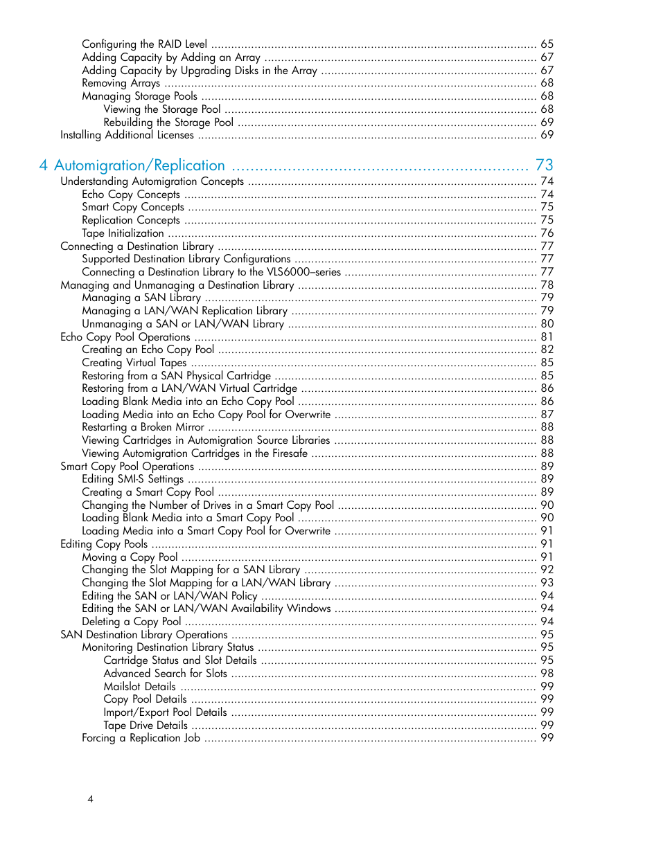 4 automigration/replication | HP StorageWorks 6000 Virtual Library System User Manual | Page 4 / 358