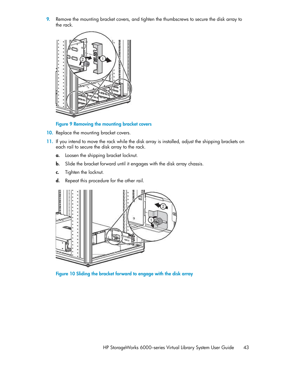 Removing the mounting bracket covers | HP StorageWorks 6000 Virtual Library System User Manual | Page 43 / 358