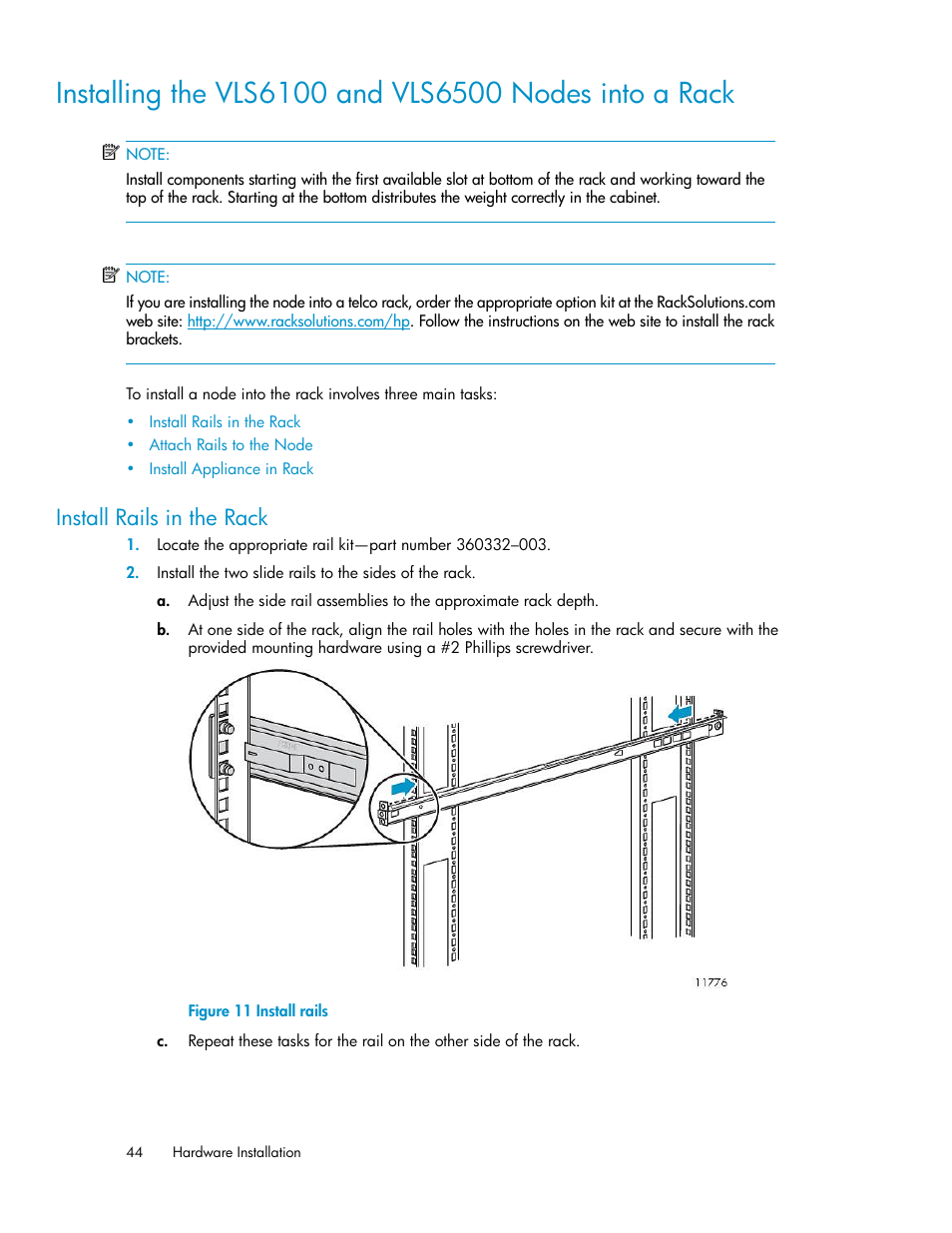 Install rails in the rack, Install rails | HP StorageWorks 6000 Virtual Library System User Manual | Page 44 / 358