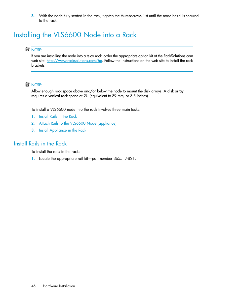 Installing the vls6600 node into a rack, Install rails in the rack | HP StorageWorks 6000 Virtual Library System User Manual | Page 46 / 358