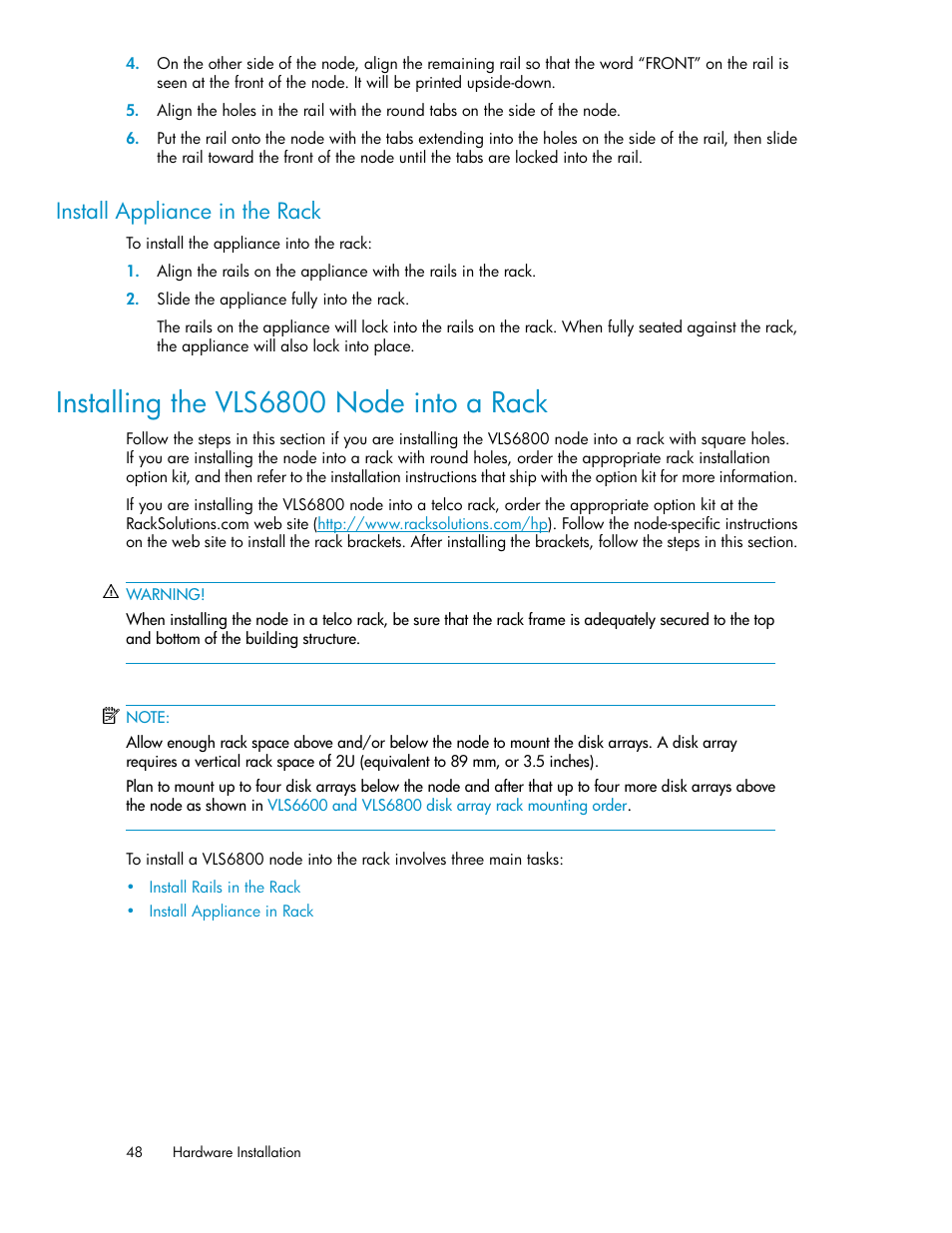 Install appliance in the rack, Installing the vls6800 node into a rack | HP StorageWorks 6000 Virtual Library System User Manual | Page 48 / 358