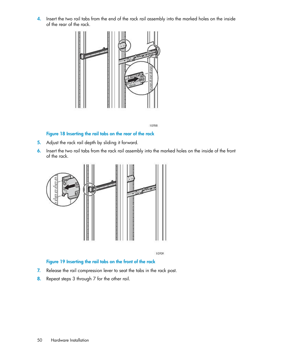 Inserting the rail tabs on the rear of the rack, Inserting the rail tabs on the front of the rack | HP StorageWorks 6000 Virtual Library System User Manual | Page 50 / 358