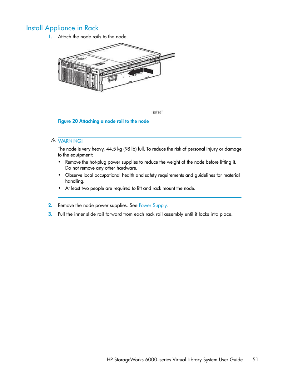 Install appliance in rack, Attaching a node rail to the node | HP StorageWorks 6000 Virtual Library System User Manual | Page 51 / 358
