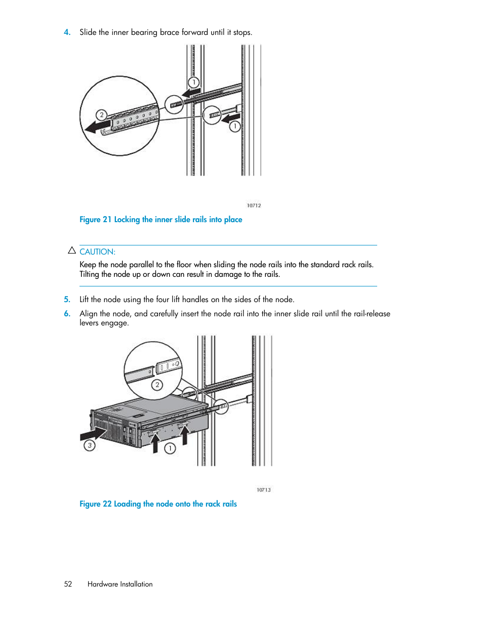 Locking the inner slide rails into place, Loading the node onto the rack rails | HP StorageWorks 6000 Virtual Library System User Manual | Page 52 / 358