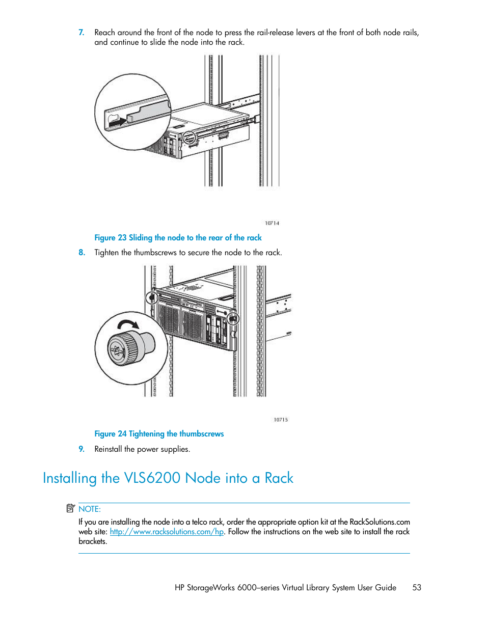 Installing the vls6200 node into a rack, Sliding the node to the rear of the rack, Tightening the thumbscrews | HP StorageWorks 6000 Virtual Library System User Manual | Page 53 / 358