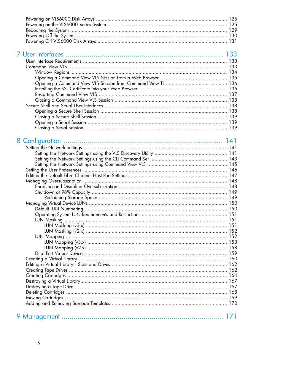 7 user interfaces, 8 configuration, 9 management | HP StorageWorks 6000 Virtual Library System User Manual | Page 6 / 358