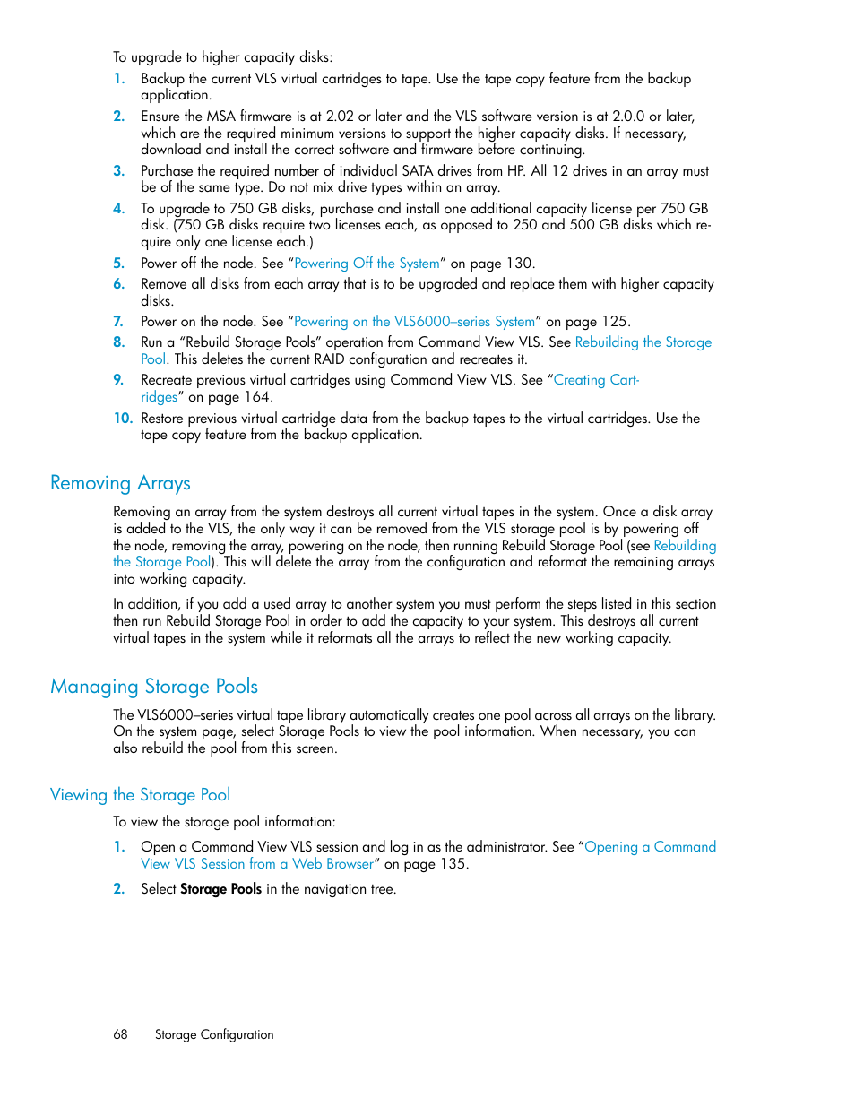 Removing arrays, Managing storage pools, Viewing the storage pool | 68 managing storage pools | HP StorageWorks 6000 Virtual Library System User Manual | Page 68 / 358