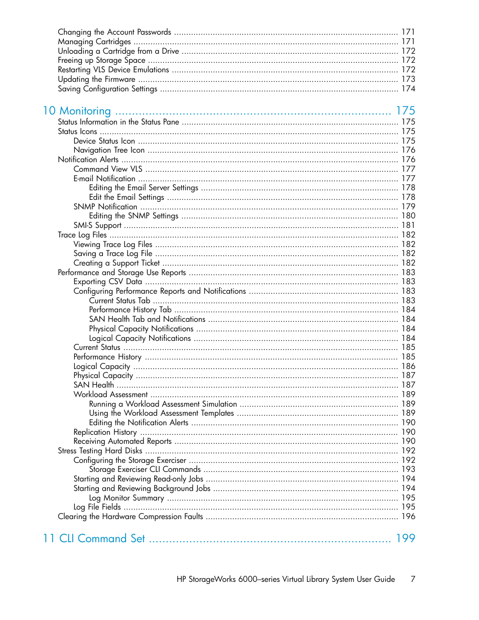 10 monitoring, 11 cli command set | HP StorageWorks 6000 Virtual Library System User Manual | Page 7 / 358