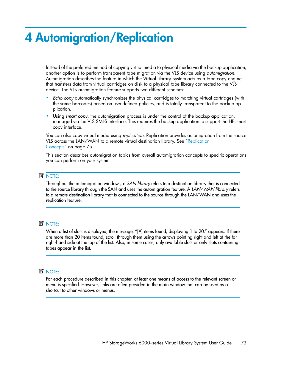 4 automigration/replication | HP StorageWorks 6000 Virtual Library System User Manual | Page 73 / 358