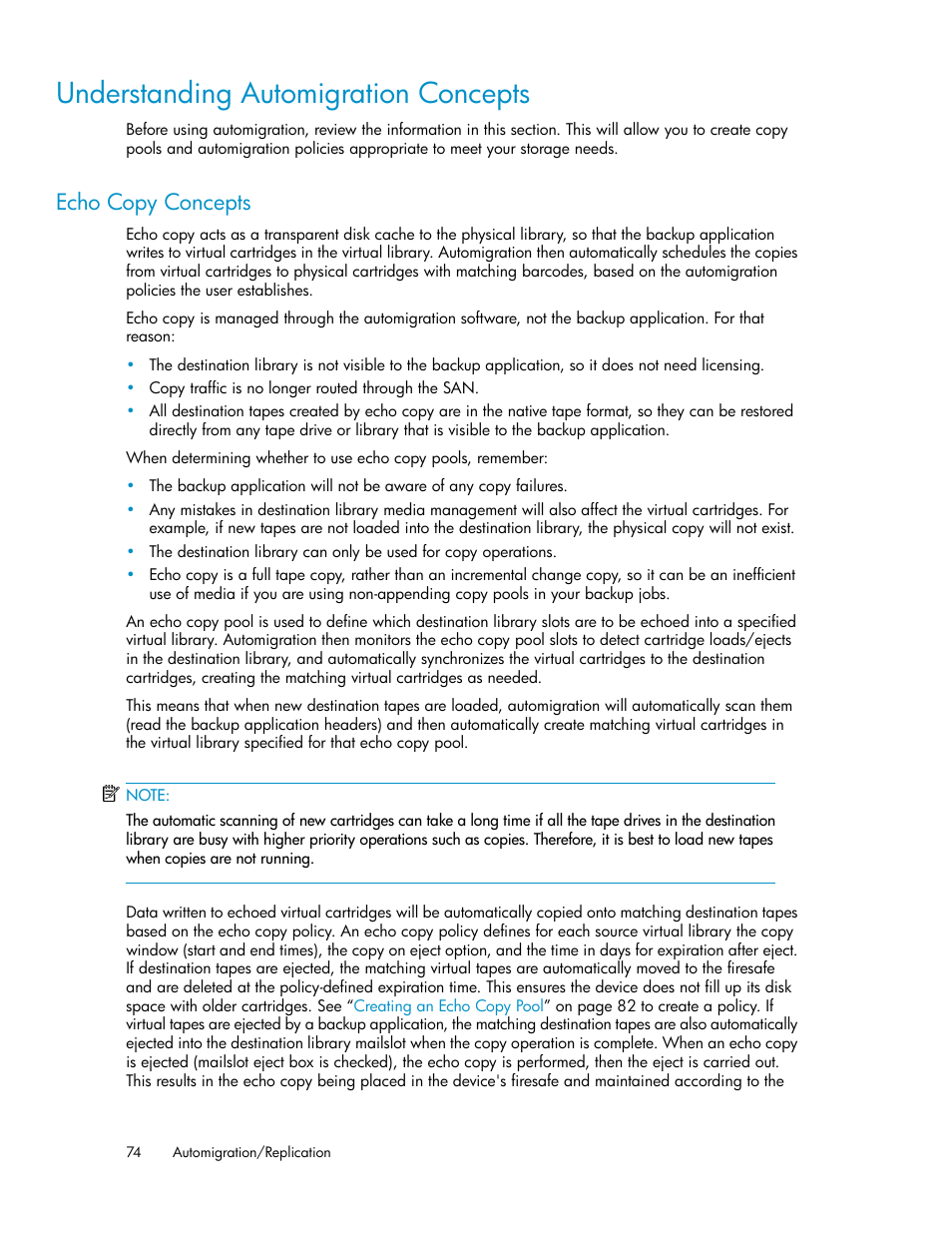 Understanding automigration concepts, Echo copy concepts | HP StorageWorks 6000 Virtual Library System User Manual | Page 74 / 358